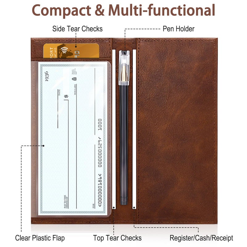 LLi Cufite Leather Checkbook Cover for Top & Side Tear Registers Duplicate Checks with Plastic Insert Flap Card Holder Pen Hoop Slim Wallet for Men Women - Image 2